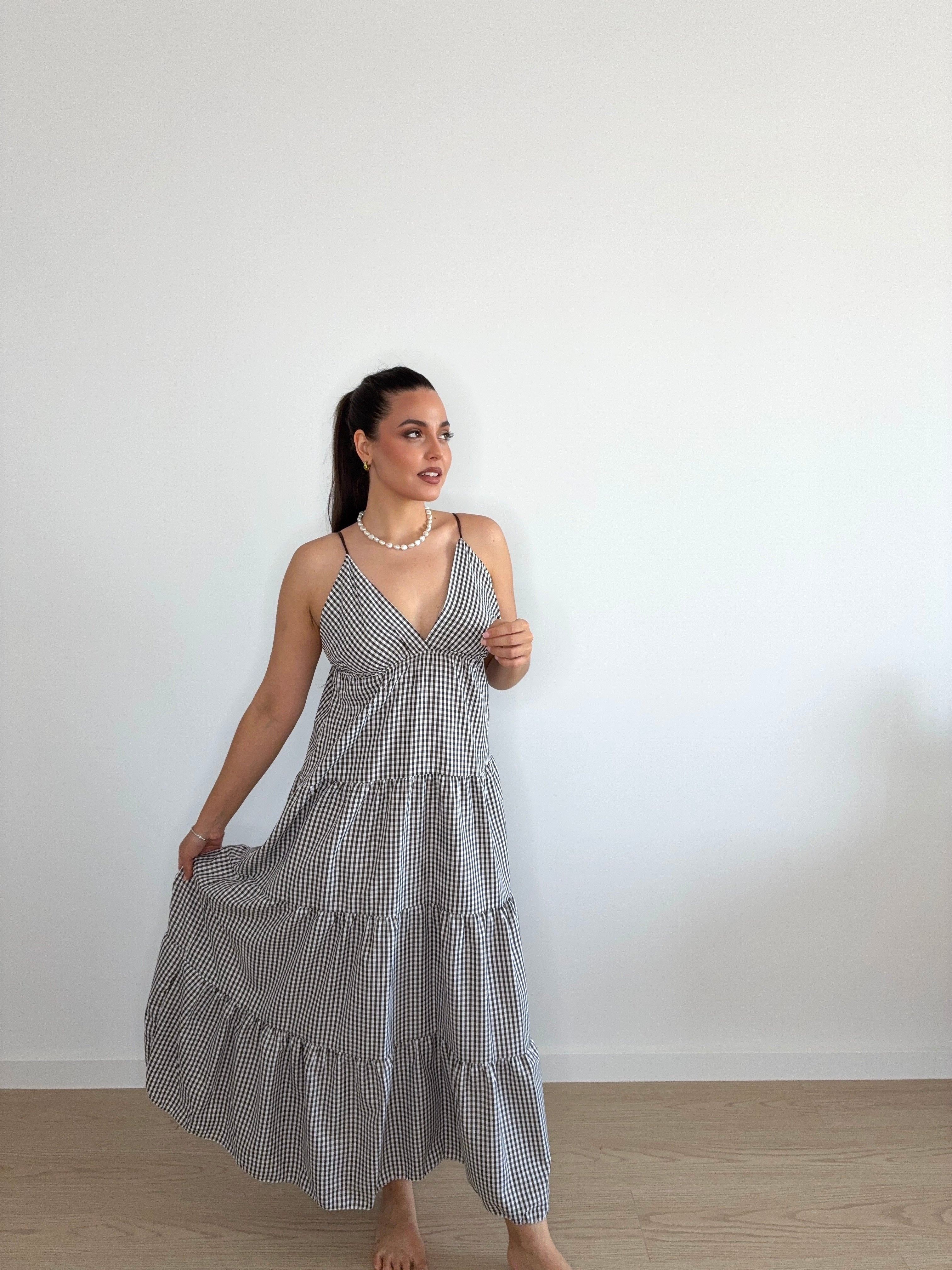 Vestido escote V de cuadro vichy