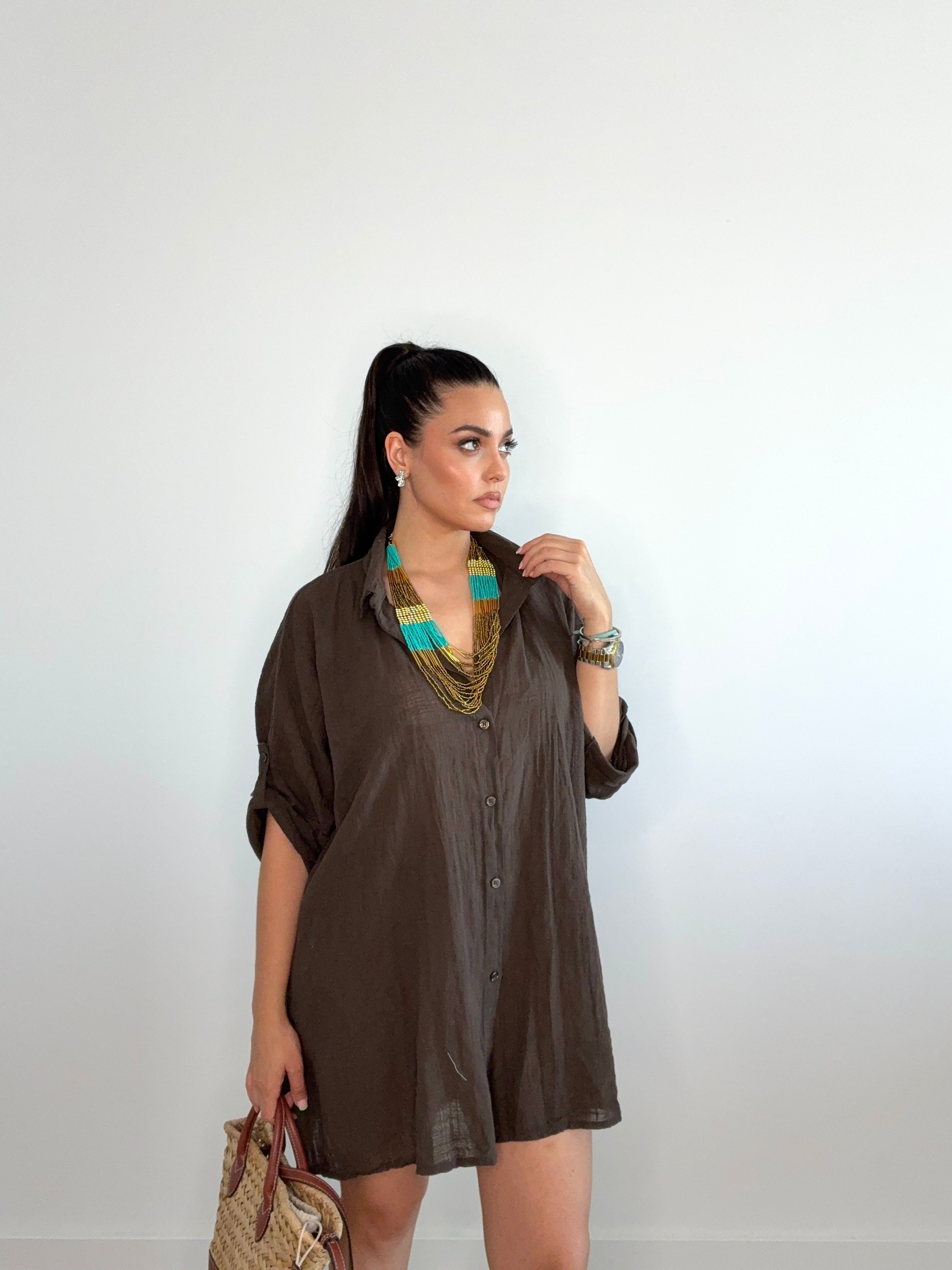 Camisa vestido de lino marrón