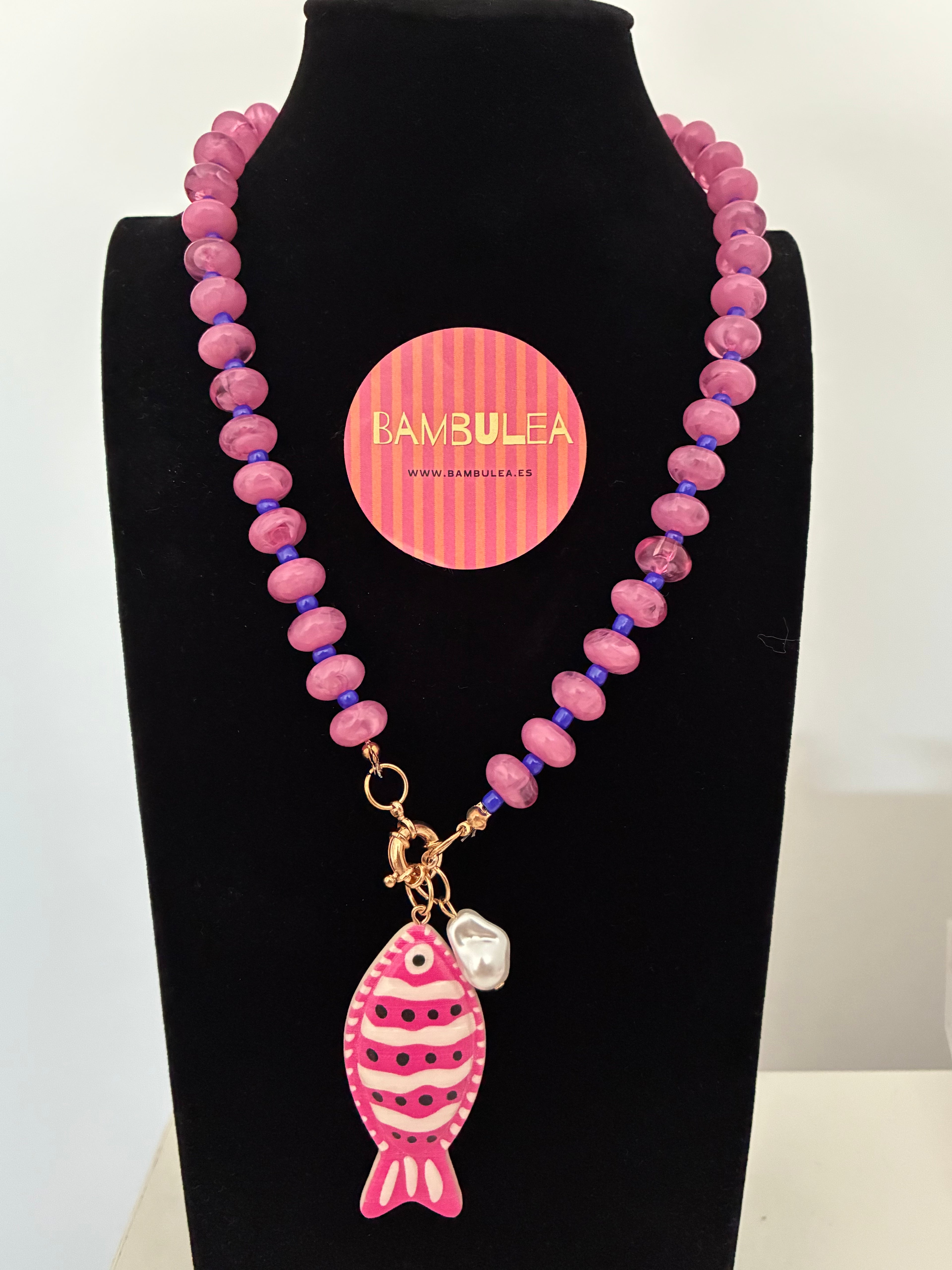Collar pez perla rosa, amarillo o turquesa